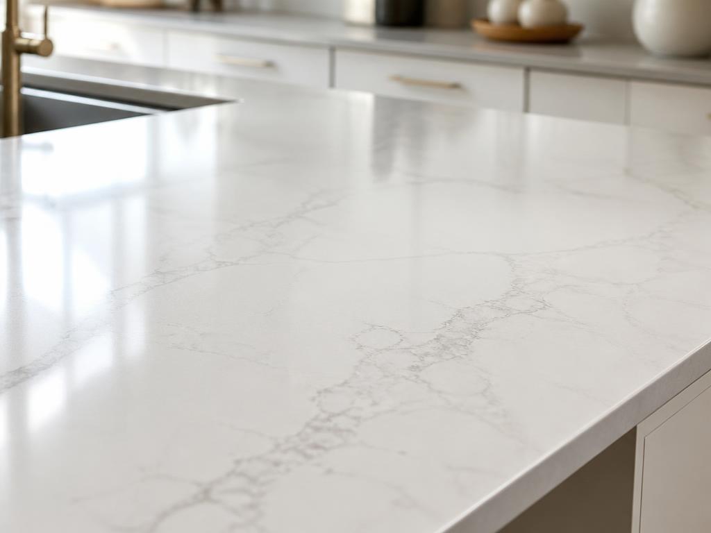 Superficie de cuarzo blanco con vetas grises